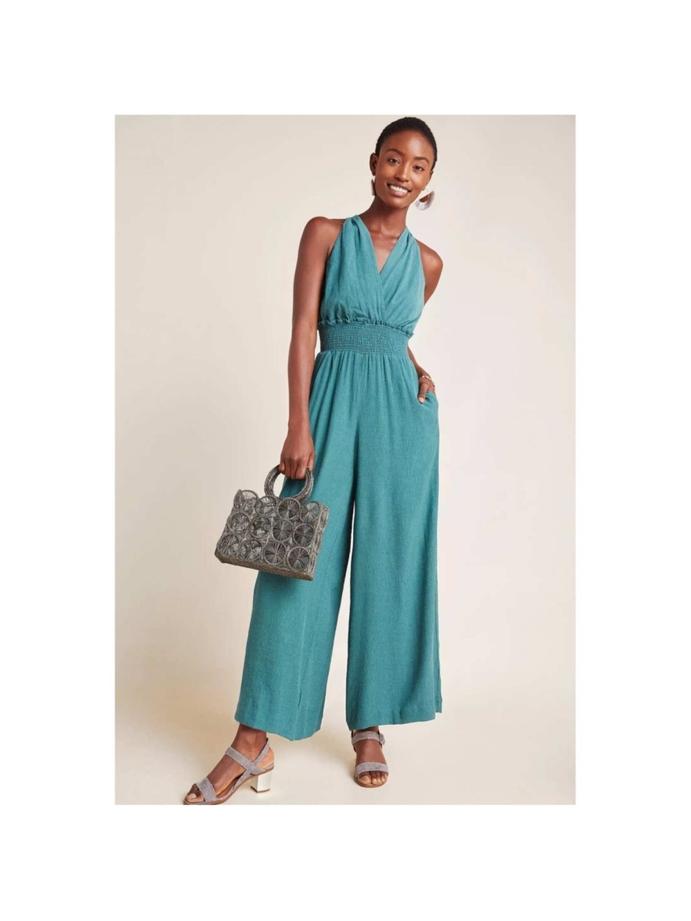 Anthropologie teal halter waist wide leg jumpsuit size small